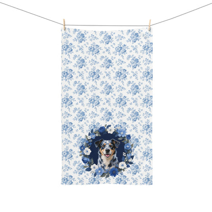 Blue Floral Australian Cattle Dog Portrait Hand Towel – Cute Pet Bathroom Accessory
