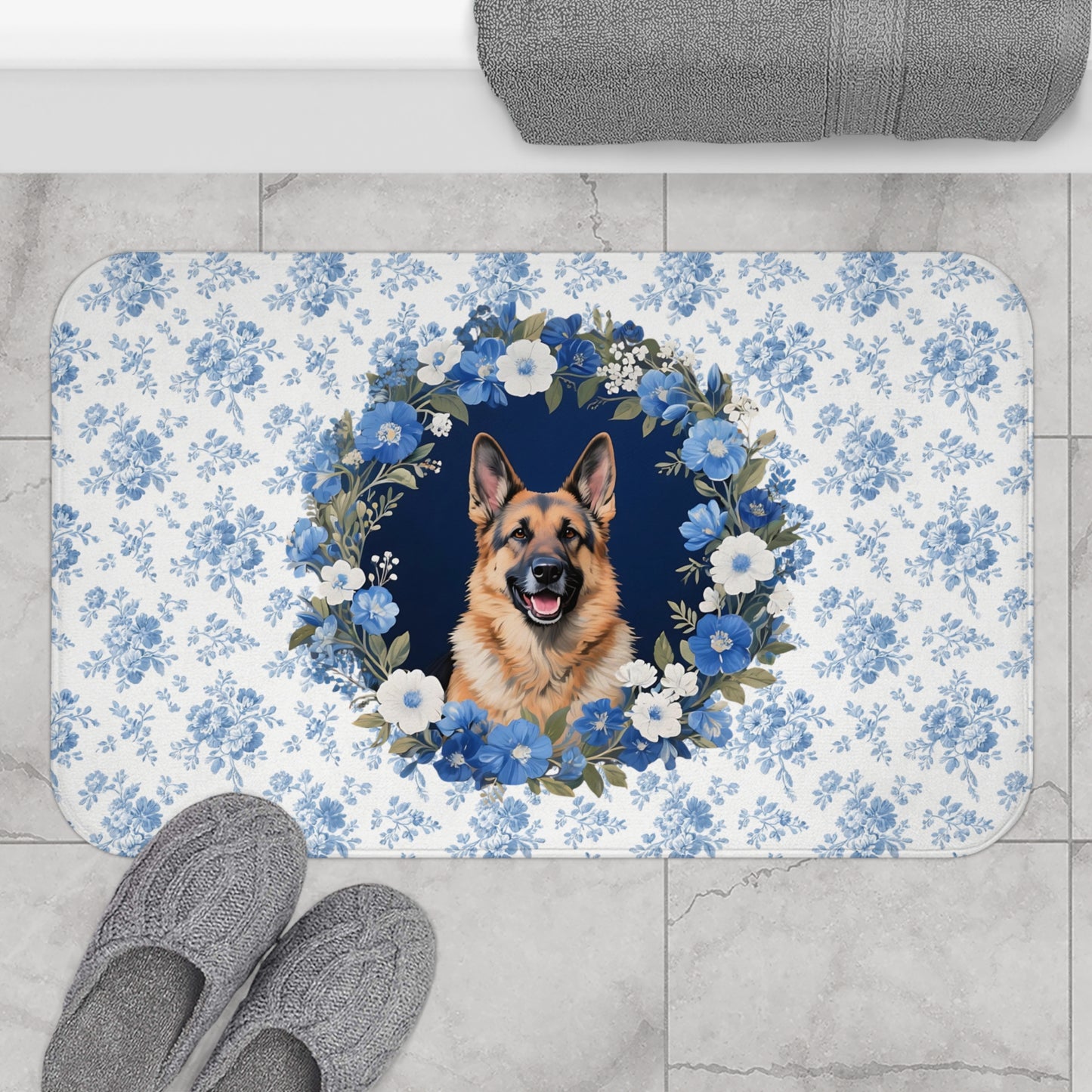 Blue Floral Shepherd Bath Mat – Cute German Shepherd Dog Bathroom Rug
