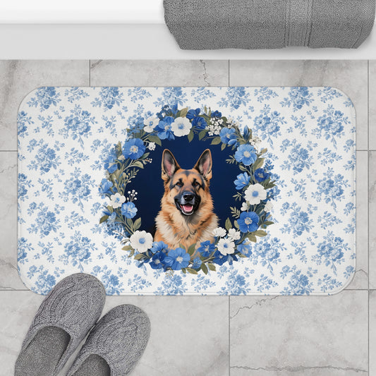 Blue Floral Shepherd Bath Mat – Cute German Shepherd Dog Bathroom Rug