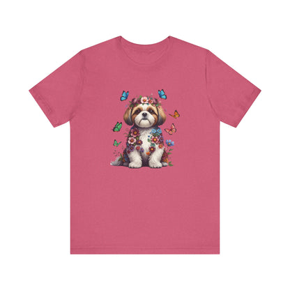 Whimsical Floral Shih Tzu Tee – Colorful Dog Lover Shirt with Butterflies