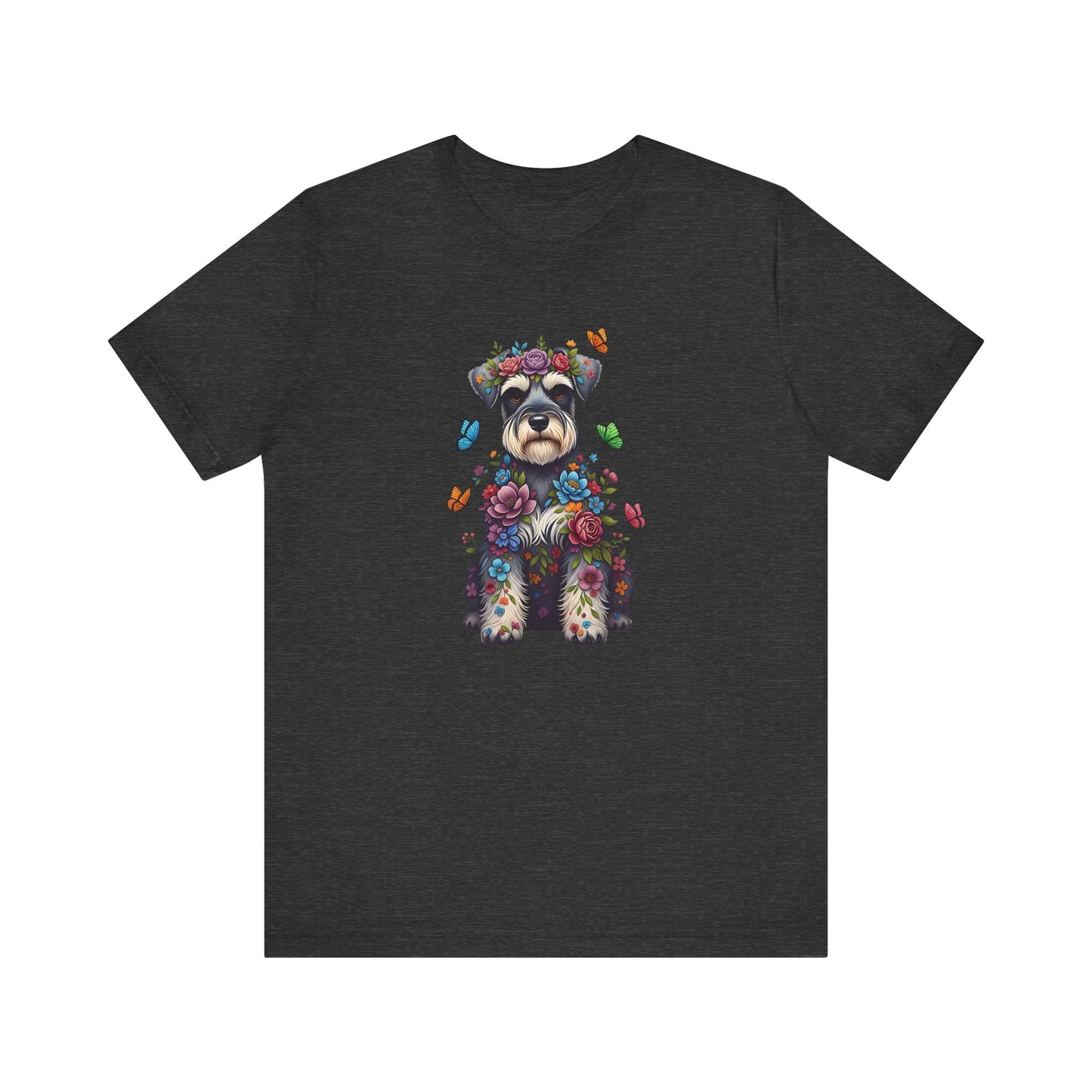 Whimsical Floral Schnauzer Tee – Colorful Dog Lover Shirt with Butterflies