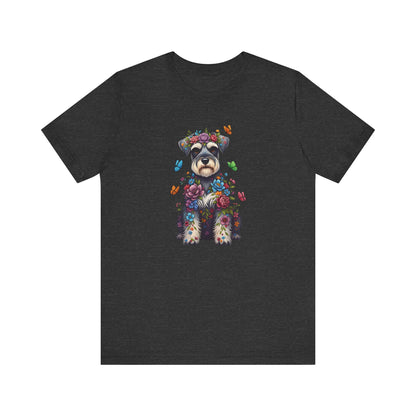 Whimsical Floral Schnauzer Tee – Colorful Dog Lover Shirt with Butterflies