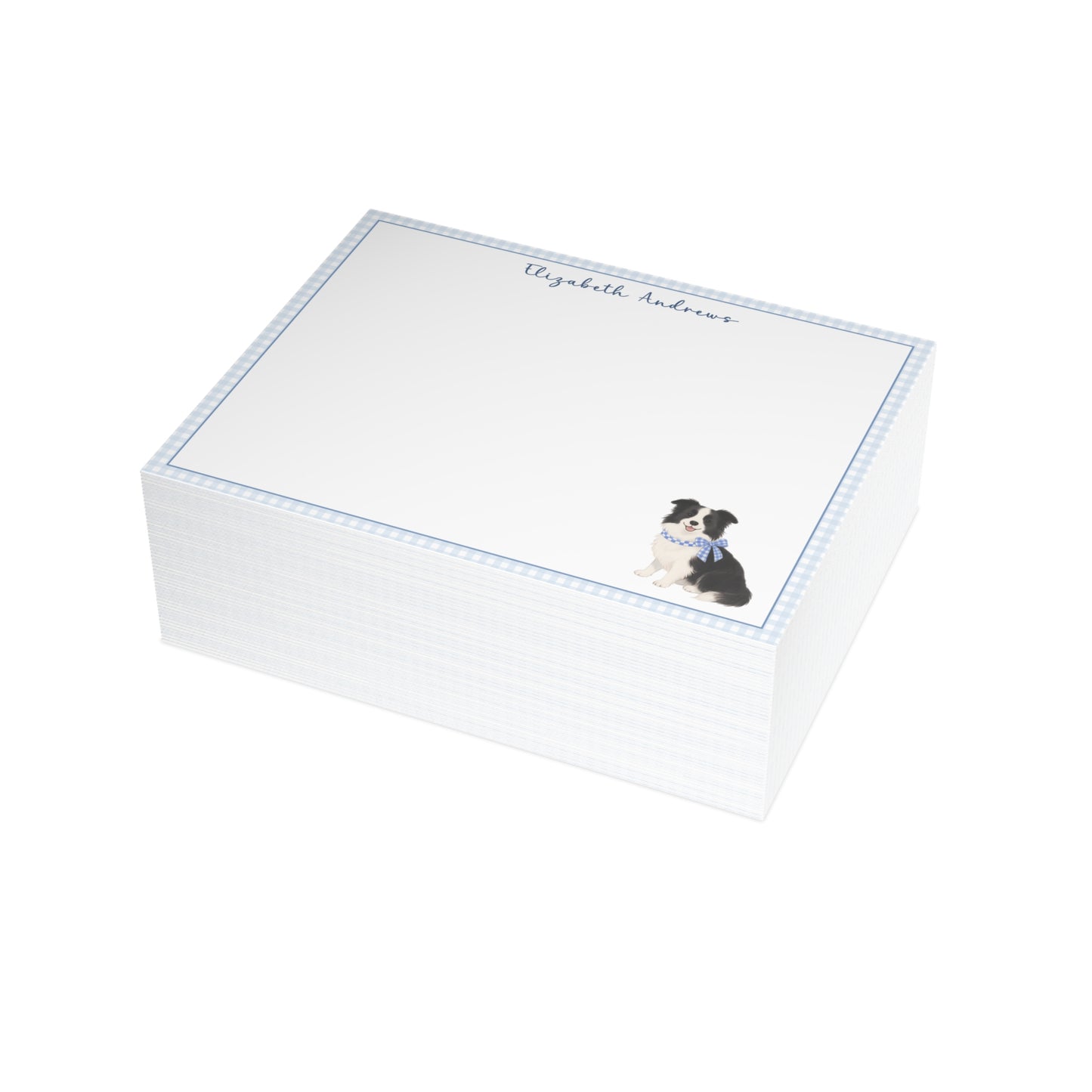 Border Collie Dog Blue Gingham Personalized Notecard Set