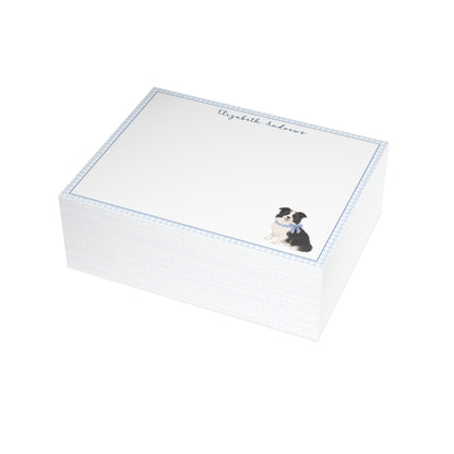 Border Collie Dog Blue Gingham Personalized Notecard Set