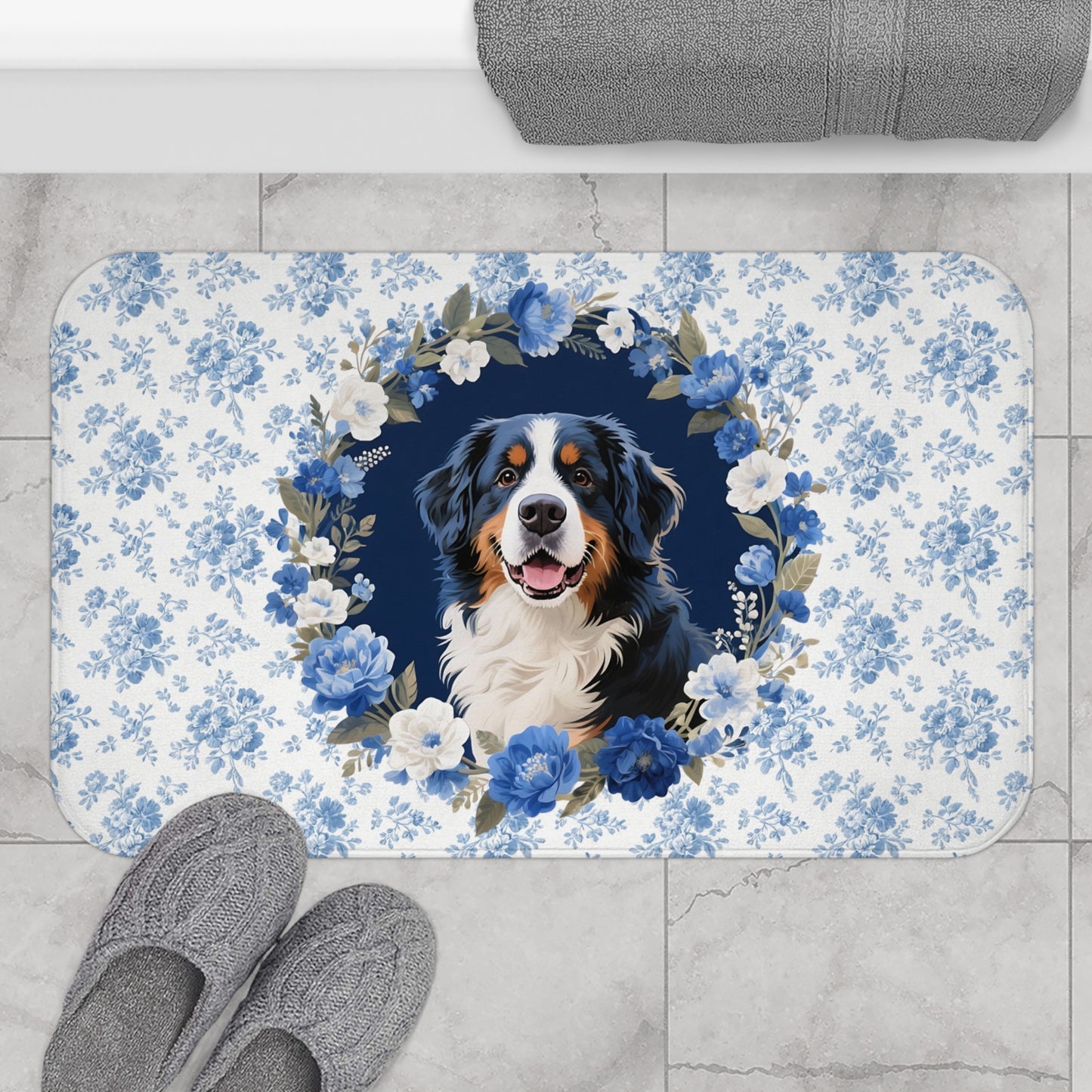 Blue Floral Berner Bath Mat – Cute Bernese Mountain Dog Bathroom Rug