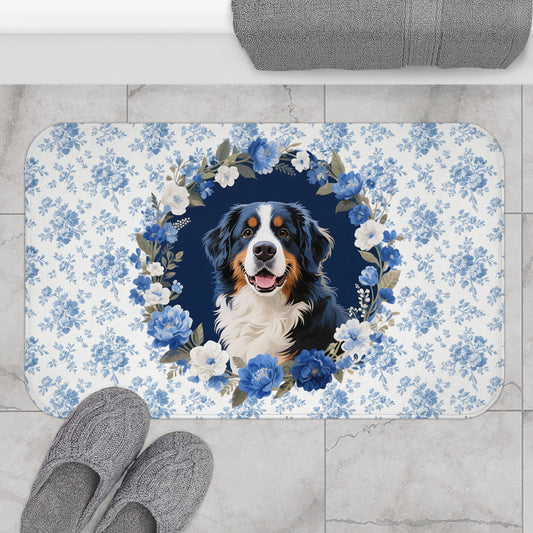 Blue Floral Berner Bath Mat – Cute Bernese Mountain Dog Bathroom Rug