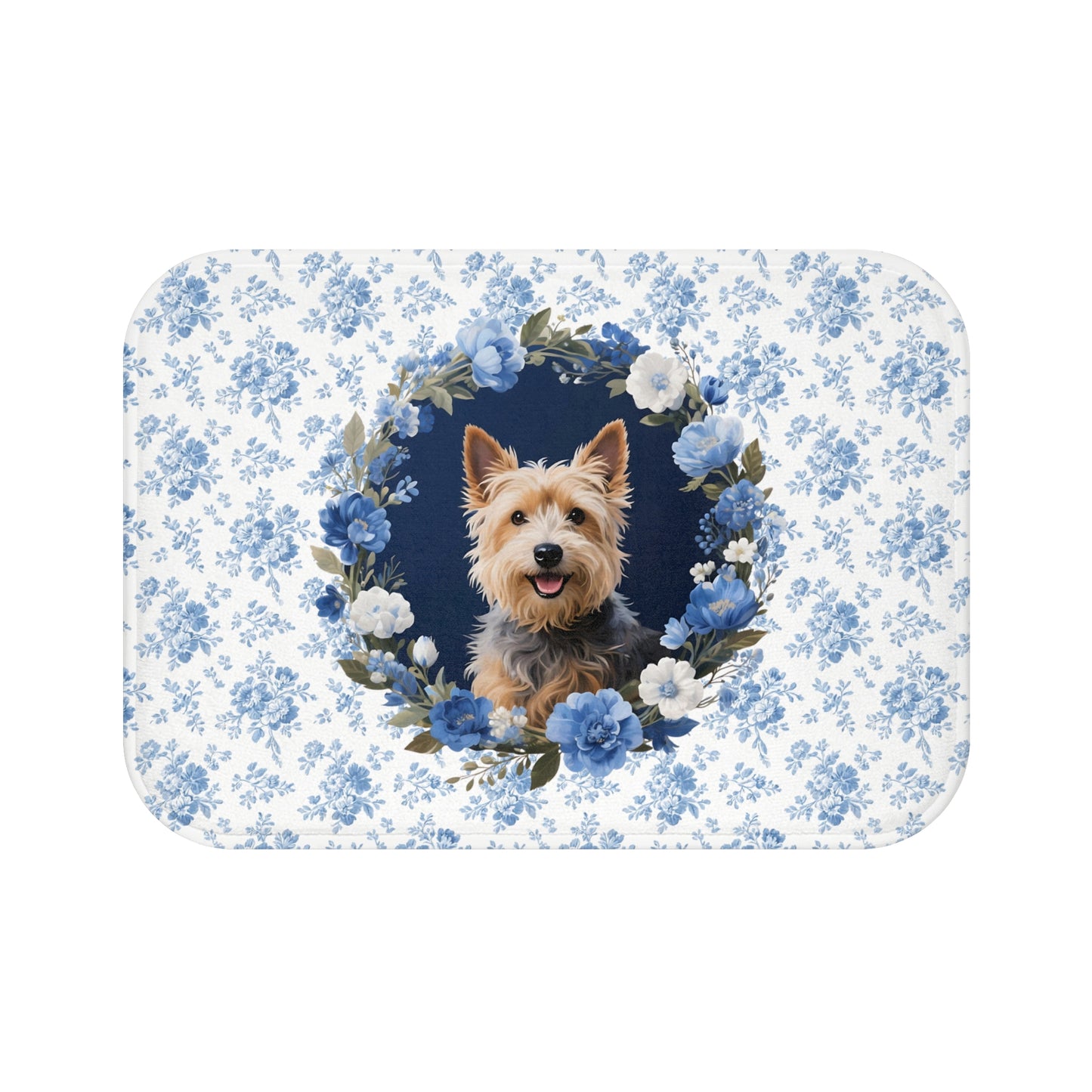 Blue Floral Terrier Bath Mat – Cute Cairn Terrier Dog Bathroom Rug