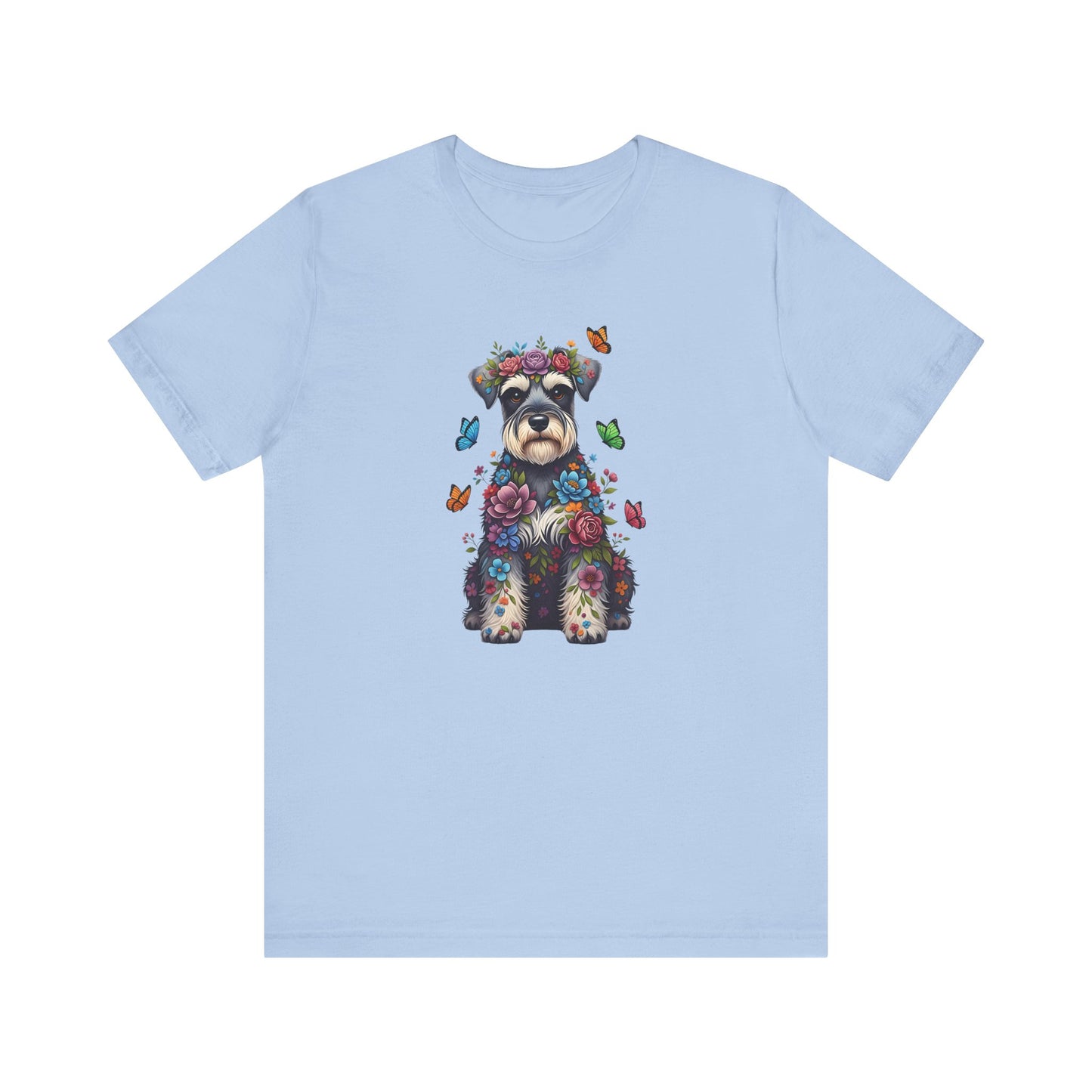 Whimsical Floral Schnauzer Tee – Colorful Dog Lover Shirt with Butterflies