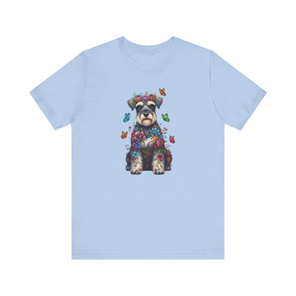 Whimsical Floral Schnauzer Tee – Colorful Dog Lover Shirt with Butterflies