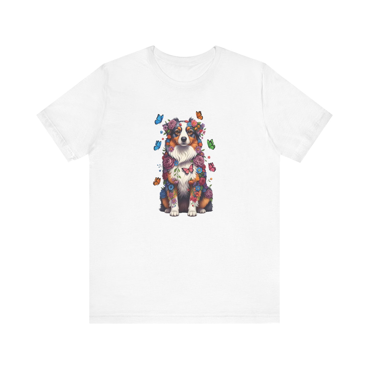 Whimsical Floral Australian Shepherd Tee – Colorful Dog Lover Shirt with Butterflies