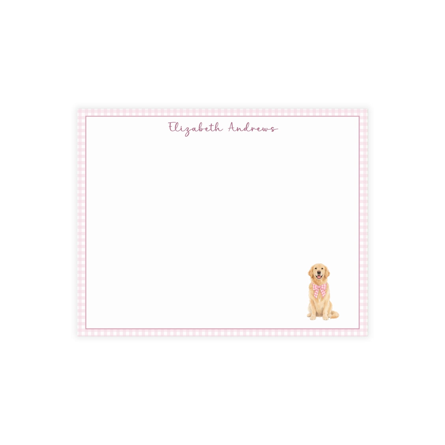 Golden Retriever Dog Pink Gingham Personalized Notecard Set