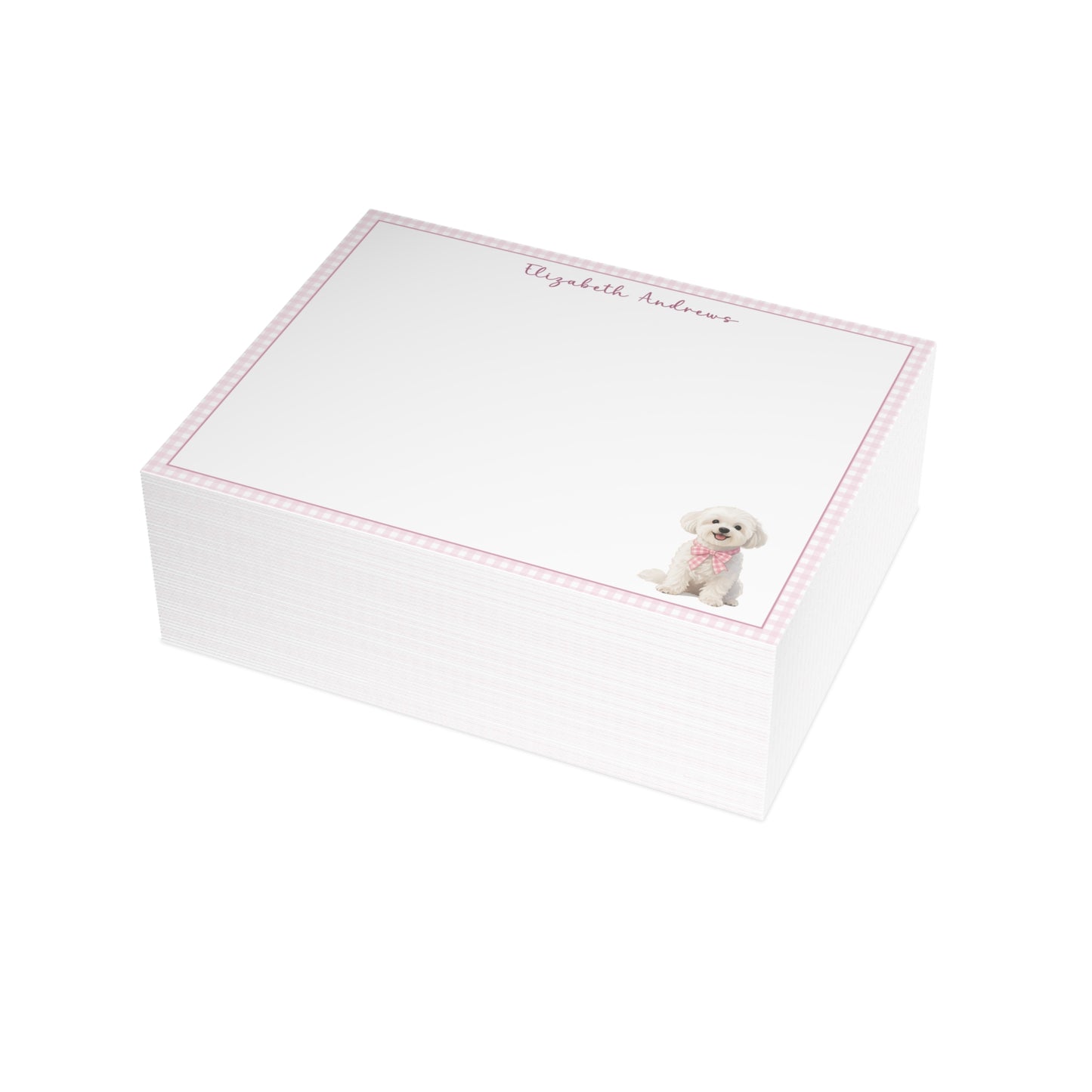 Maltese Dog Pink Gingham Personalized Notecard Set