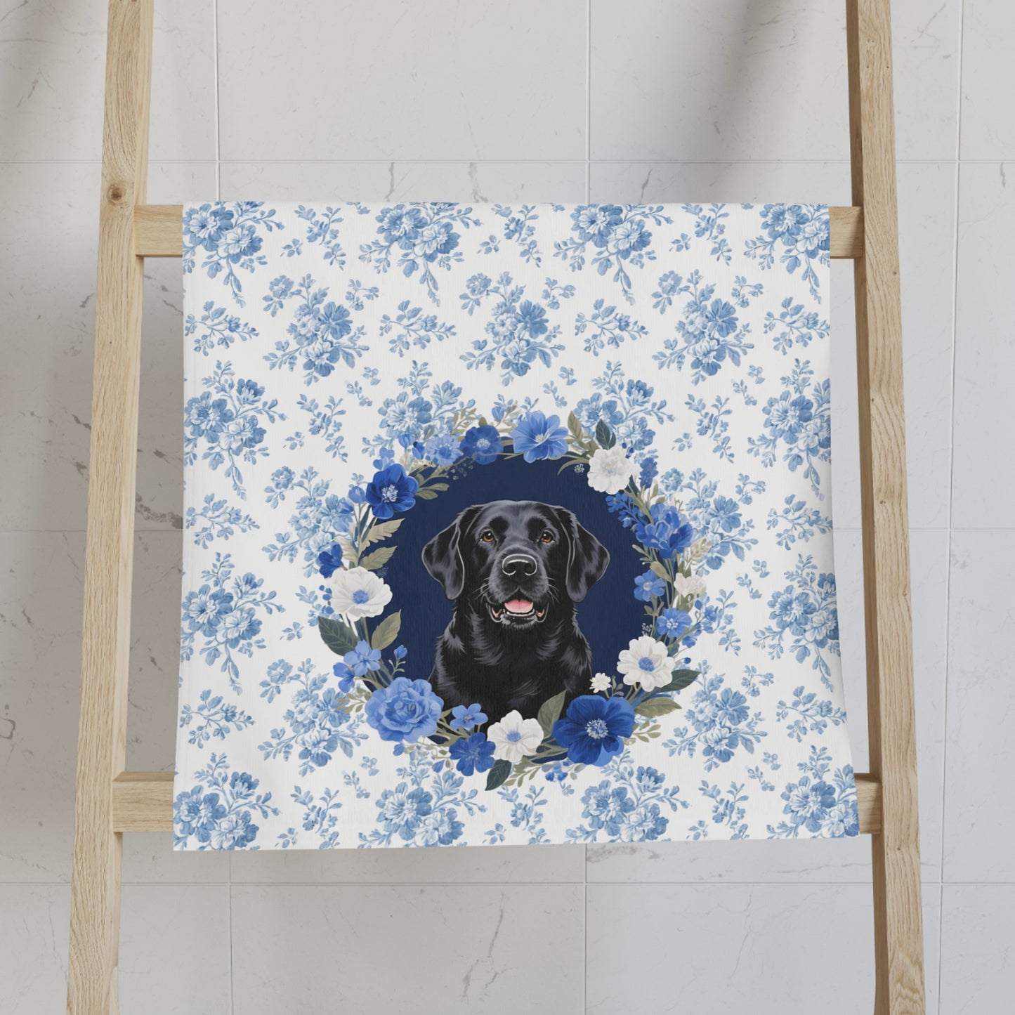 Blue Floral Black Labrador Retriever Dog Portrait Hand Towel – Cute Pet Bathroom Accessory