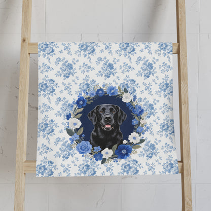 Blue Floral Black Labrador Retriever Dog Portrait Hand Towel – Cute Pet Bathroom Accessory