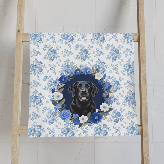 Blue Floral Black Labrador Retriever Dog Portrait Hand Towel – Cute Pet Bathroom Accessory