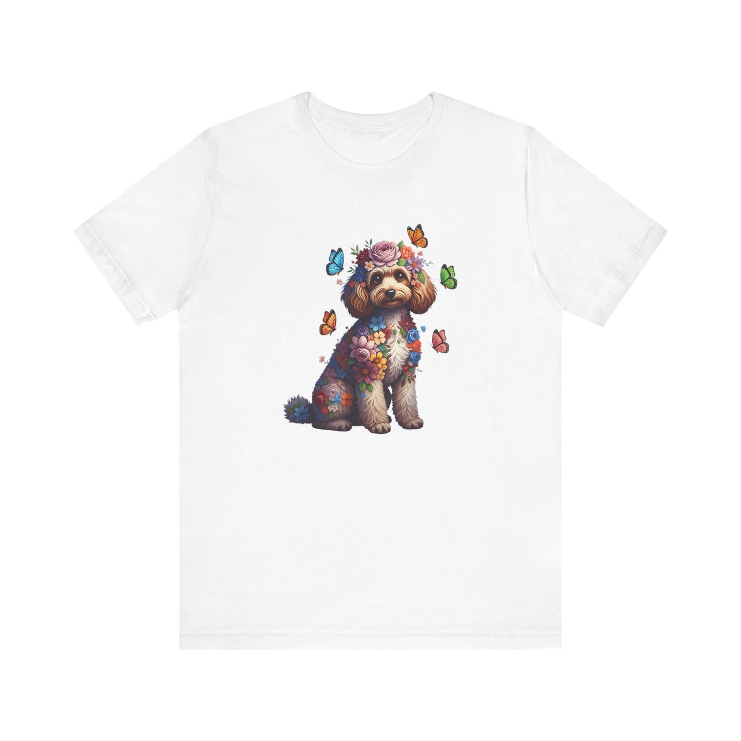 Whimsical Floral Poodle Tee – Colorful Dog Lover Shirt with Butterflies