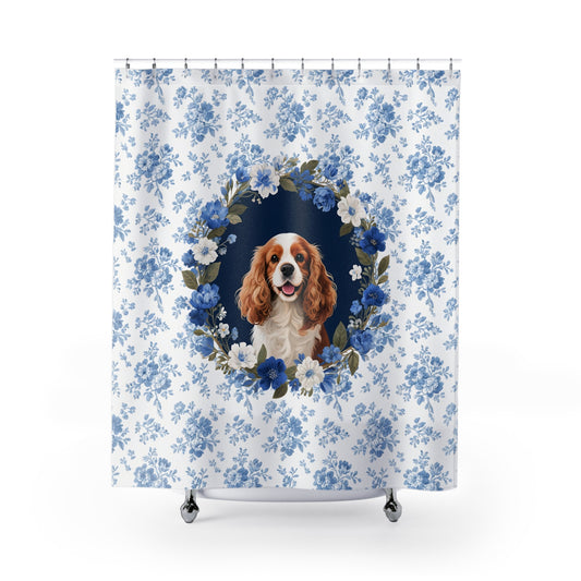 Cavalier King Charles Spaniel Dog Blue Floral Shower Curtain – Dog Portrait Bath Decor