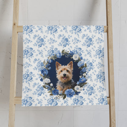 Blue Floral Cairn Terrier Dog Portrait Hand Towel – Cute Pet Bathroom Accessory