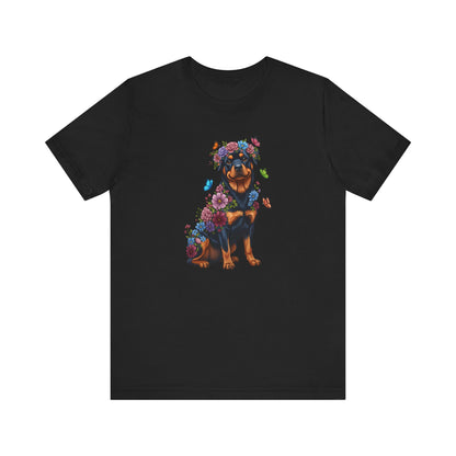 Whimsical Floral Rottweiler Tee – Colorful Dog Lover Shirt with Butterflies