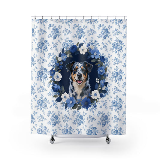 Australian Cattle Dog Blue Floral Shower Curtain – Dog Portrait Bath Decor