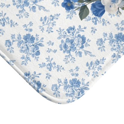 Blue Floral Frenchie Bath Mat – Cute Fawn French Bulldog Bathroom Rug