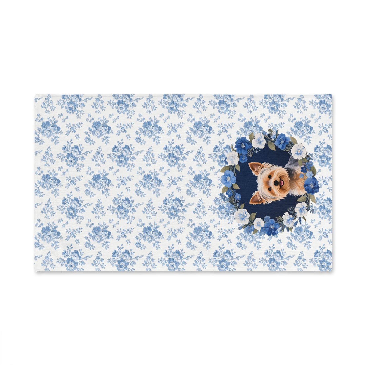 Blue Floral Yorkshire Terrier Dog Portrait Hand Towel – Cute Pet Bathroom Accessory