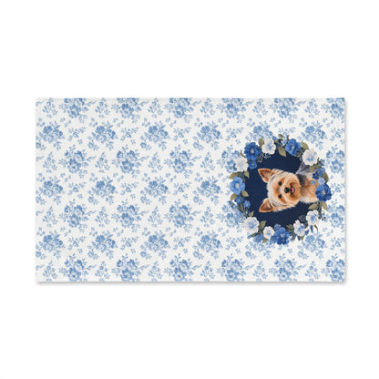 Blue Floral Yorkshire Terrier Dog Portrait Hand Towel – Cute Pet Bathroom Accessory