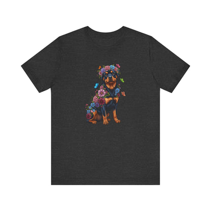Whimsical Floral Rottweiler Tee – Colorful Dog Lover Shirt with Butterflies