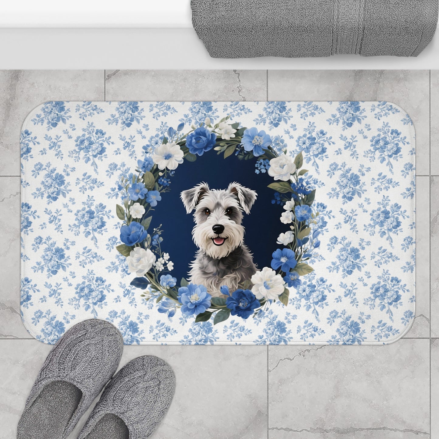 Blue Floral Schnauzer Bath Mat – Cute Schnauzer Dog Bathroom Rug