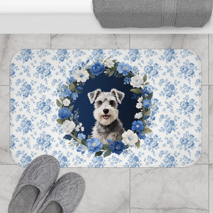 Blue Floral Schnauzer Bath Mat – Cute Schnauzer Dog Bathroom Rug