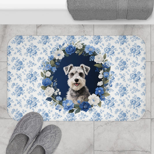Blue Floral Schnauzer Bath Mat – Cute Schnauzer Dog Bathroom Rug