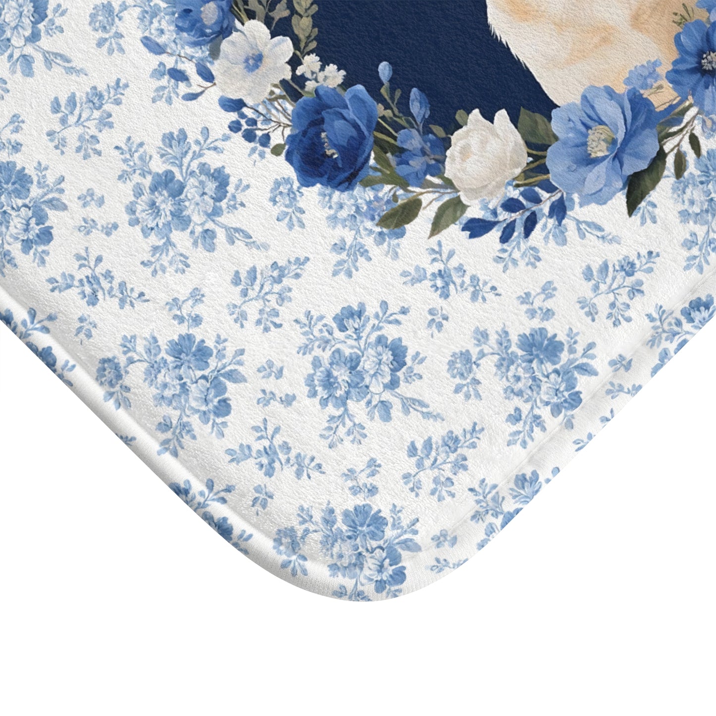 Blue Floral Lab Bath Mat – Cute Labrador Retriever Dog Bathroom Rug