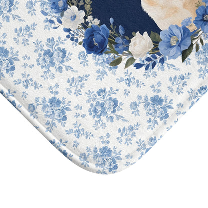 Blue Floral Lab Bath Mat – Cute Labrador Retriever Dog Bathroom Rug