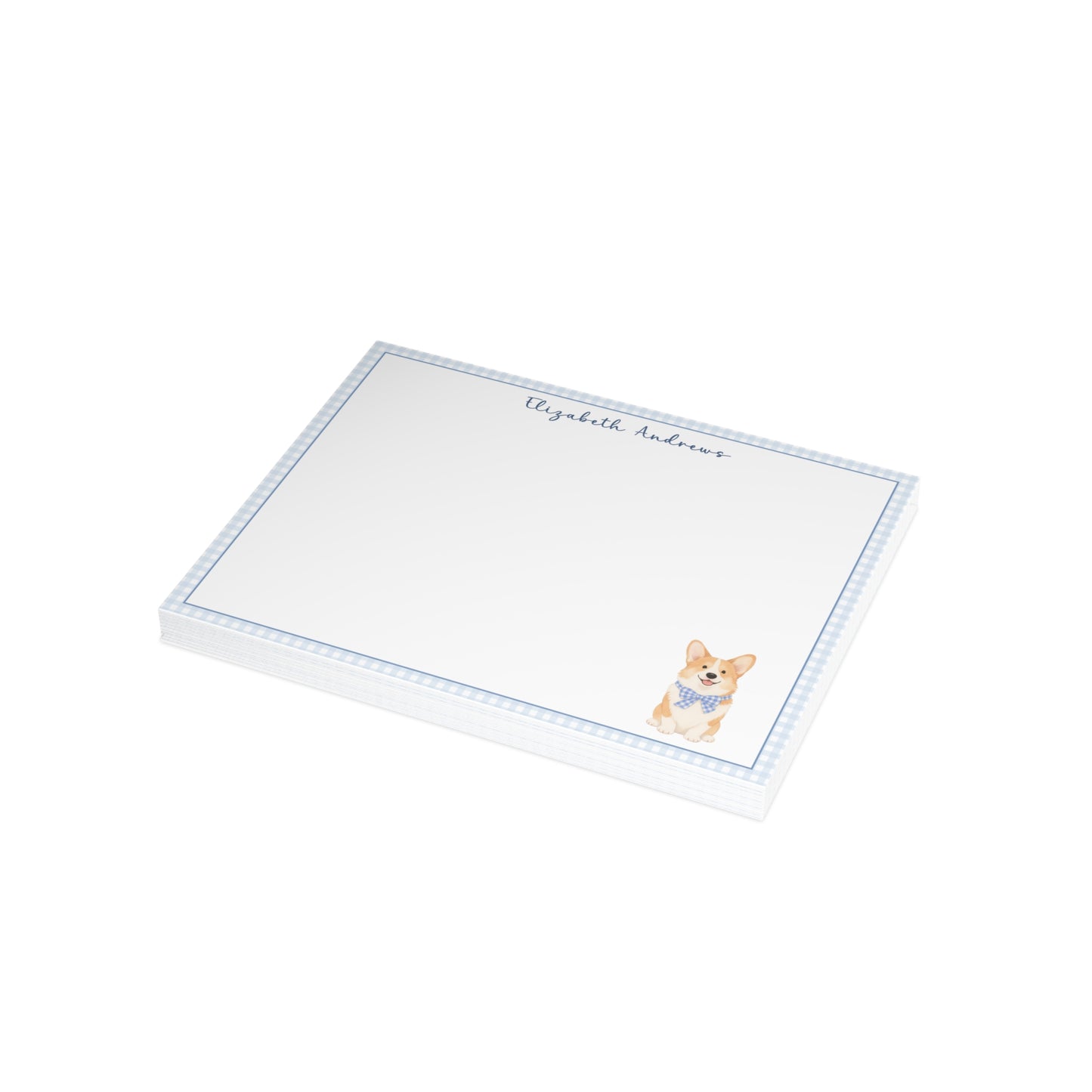 Corgi Dog Blue Gingham Personalized Notecard Set