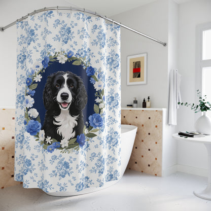 Portuguese Water Dog Blue Floral Shower Curtain – Dog Portrait Bath Decor