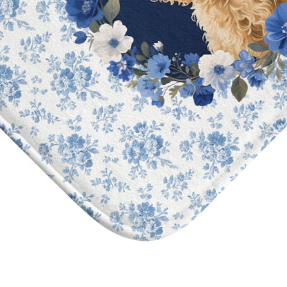Blue Floral Doodle Bath Mat – Cute Goldendoodle Dog Bathroom Rug