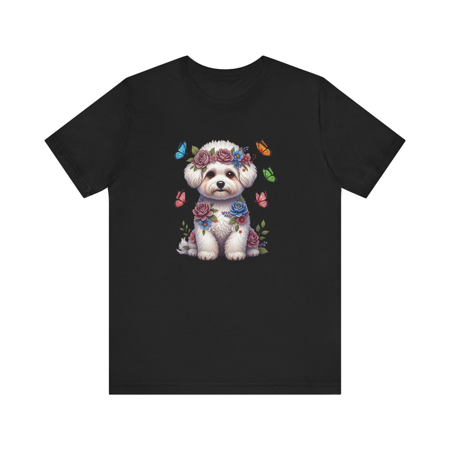 Whimsical Floral Bichon Frise Tee – Colorful Dog Lover Shirt with Butterflies