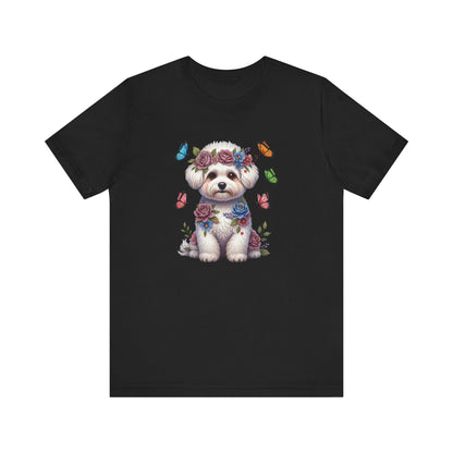 Whimsical Floral Bichon Frise Tee – Colorful Dog Lover Shirt with Butterflies