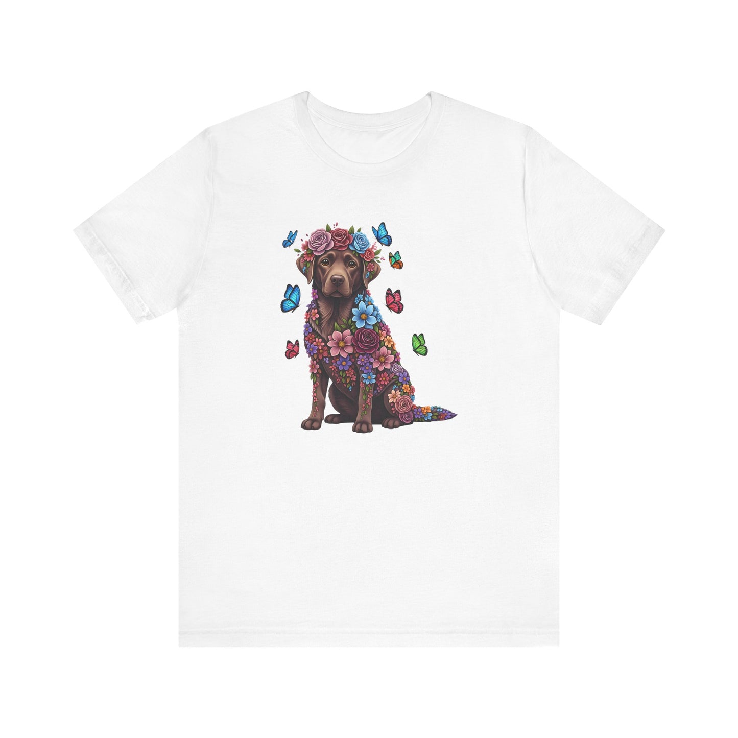 Whimsical Floral Chocolate Labrador Retriever Tee – Colorful Dog Lover Shirt with Butterflies