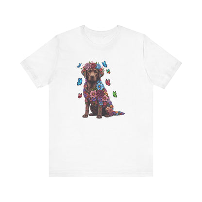 Whimsical Floral Chocolate Labrador Retriever Tee – Colorful Dog Lover Shirt with Butterflies