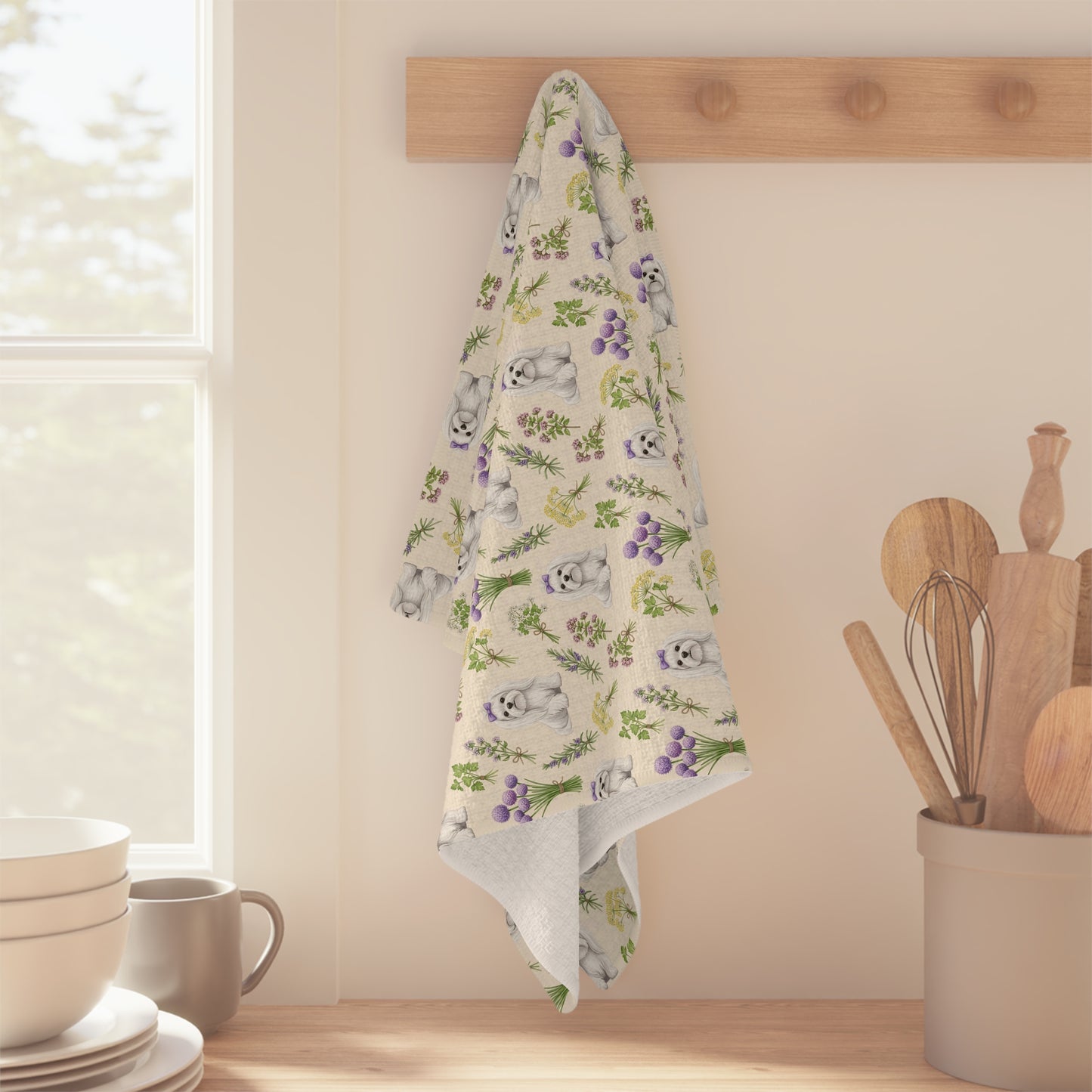 Maltese Dog & Herbs Tea Towel - Floral Dog Kitchen Towel