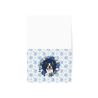 Boston Terrier Dog Blue Floral Greeting Card Set