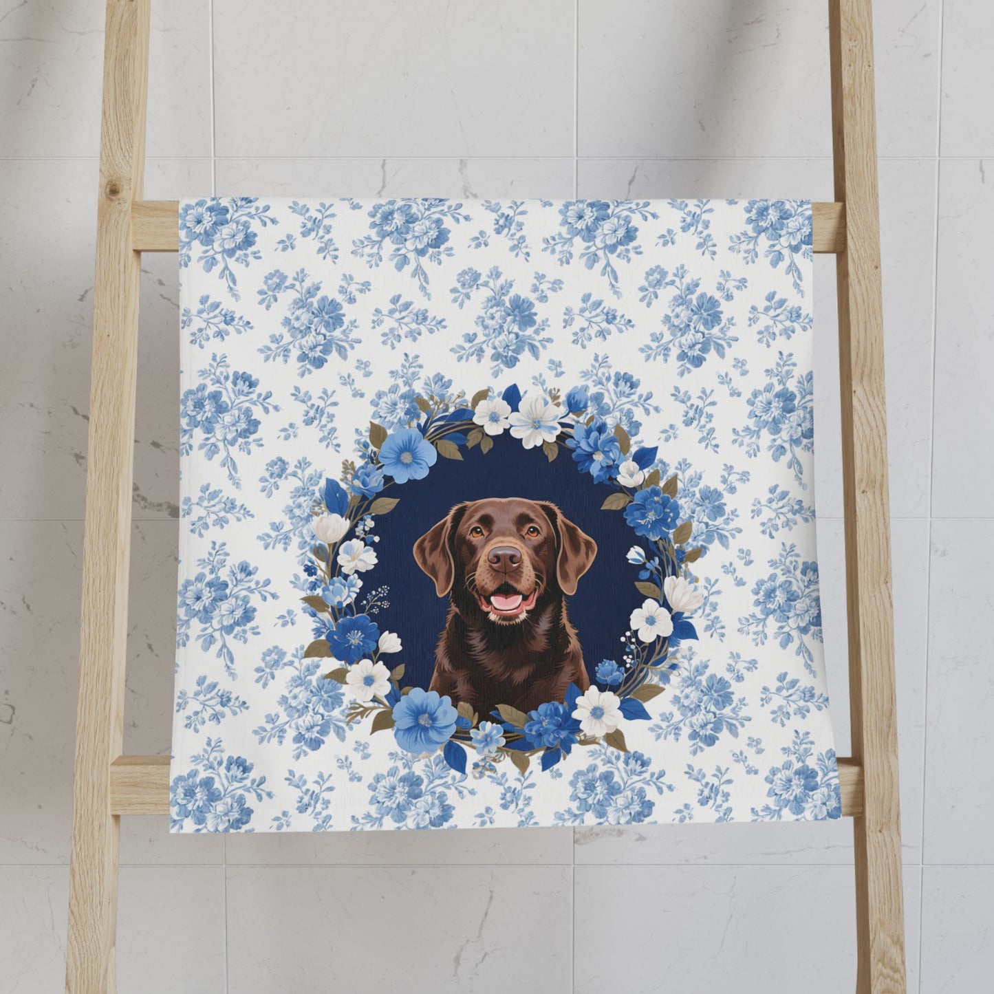 Blue Floral Chocolate Labrador Retriever Dog Portrait Hand Towel – Cute Pet Bathroom Accessory