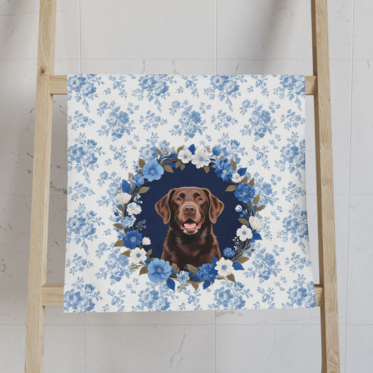 Blue Floral Chocolate Labrador Retriever Dog Portrait Hand Towel – Cute Pet Bathroom Accessory