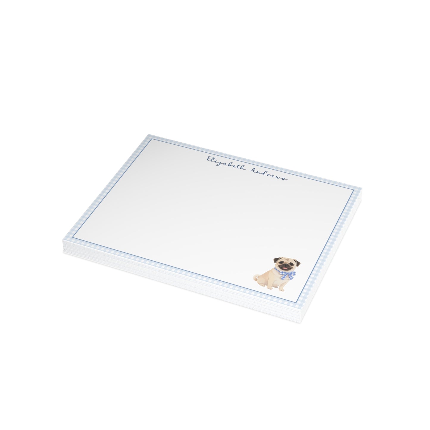 Pug Dog Blue Gingham Personalized Notecard Set