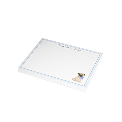 Pug Dog Blue Gingham Personalized Notecard Set