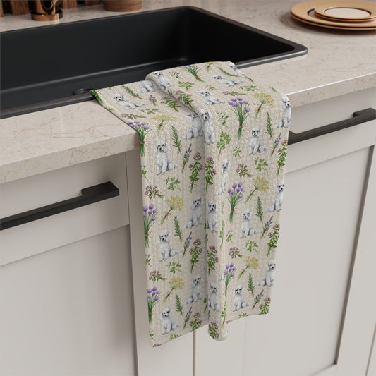 Poodle Dog & Herbs Tea Towel - Floral Dog Kitchen Towel