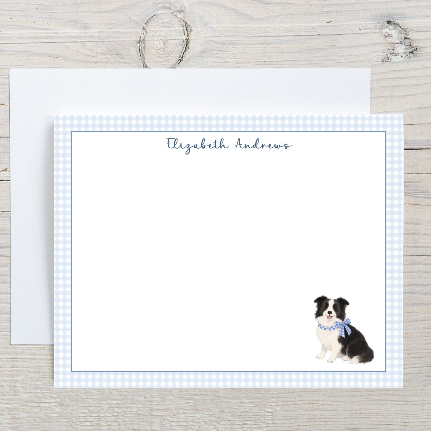 Border Collie Dog Blue Gingham Personalized Notecard Set