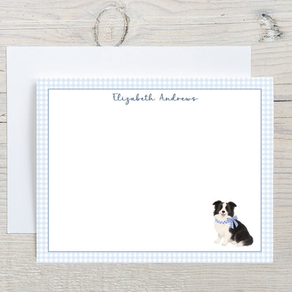 Border Collie Dog Blue Gingham Personalized Notecard Set