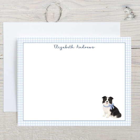 Border Collie Dog Blue Gingham Personalized Notecard Set